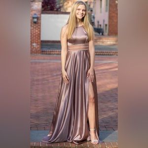 David’s Bridal Satin High Neck Illusion Waist A-Line Dress